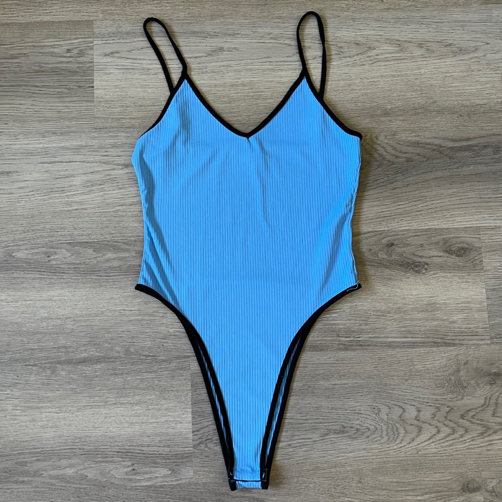 SHEIN ladies medium bodysuit tank top. Brand new. Blue and black. Snaps shut
